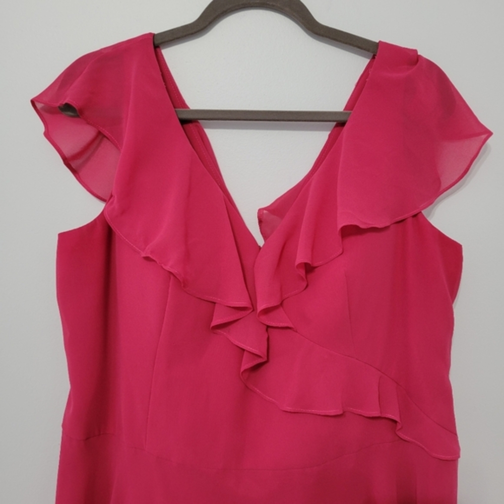 Hayley Paige Occasions Flamingo Pink Chiffon A-line Gown Ruffled V Neck, Size 22 - Picture 3 of 14